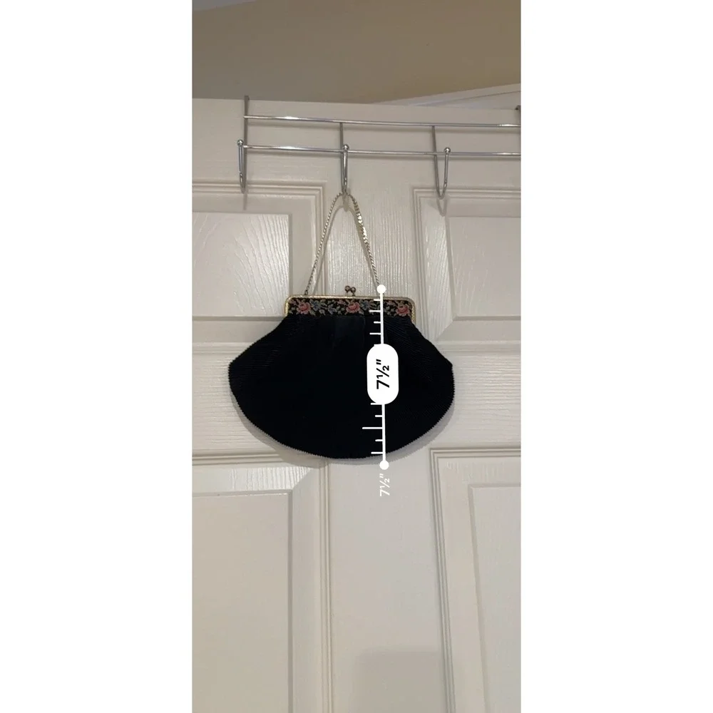 Vintage Black Pleated Evening Bag Floral Tapestry Gold Frame Kiss Lock Clutch